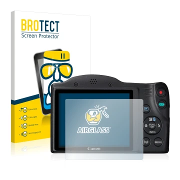 Parte frontale di una confezione del prodotto con il logo del marchio BROTECT. Accanto è raffigurato il dispositivo Canon Powe