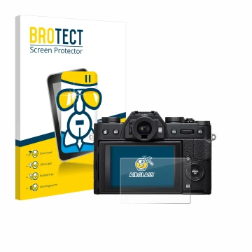 Parte frontale di una confezione del prodotto con il logo del marchio BROTECT. Accanto è raffigurato il dispositivo Fujifilm X