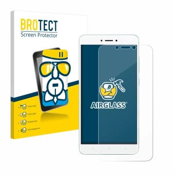 Parte frontale di una confezione del prodotto con il logo del marchio BROTECT. Accanto è raffigurato il dispositivo Xiaomi Red