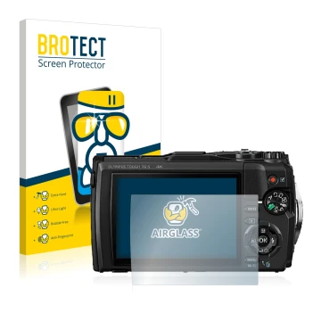 Parte frontale di una confezione del prodotto con il logo del marchio BROTECT. Accanto è raffigurato il dispositivo Olympus To