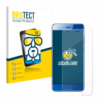 Parte frontale di una confezione del prodotto con il logo del marchio BROTECT. Accanto è raffigurato il dispositivo Honor 9 co