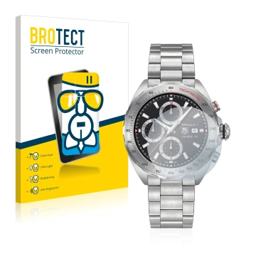 Parte frontale di una confezione del prodotto con il logo del marchio BROTECT. Accanto è raffigurato il dispositivo TAG Heuer 