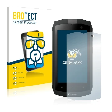 Parte frontale di una confezione del prodotto con il logo del marchio BROTECT. Accanto è raffigurato il dispositivo Crosscall 