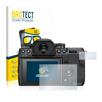 Parte frontale di una confezione del prodotto con il logo del marchio BROTECT. Accanto è raffigurato il dispositivo Fujifilm X