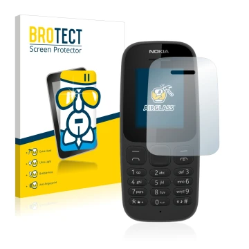Parte frontale di una confezione del prodotto con il logo del marchio BROTECT. Accanto è raffigurato il dispositivo Nokia 105 