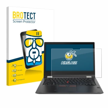 Parte frontale di una confezione del prodotto con il logo del marchio BROTECT. Accanto è raffigurato il dispositivo Lenovo Thi