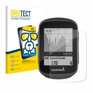 Parte frontale di una confezione del prodotto con il logo del marchio BROTECT. Accanto è raffigurato il dispositivo Garmin Edg