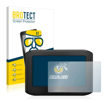 Parte frontale di una confezione del prodotto con il logo del marchio BROTECT. Accanto è raffigurato il dispositivo Garmin zum