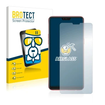 Parte frontale di una confezione del prodotto con il logo del marchio BROTECT. Accanto è raffigurato il dispositivo Oppo F7 co