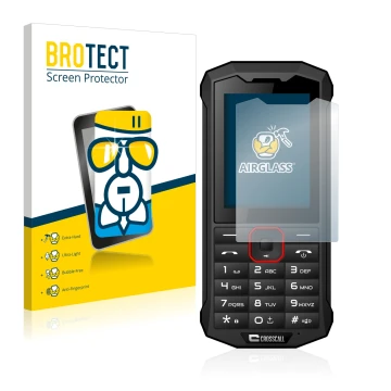 Parte frontale di una confezione del prodotto con il logo del marchio BROTECT. Accanto è raffigurato il dispositivo Crosscall 