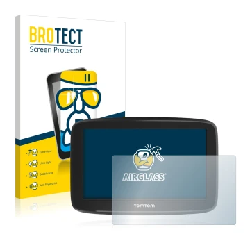 Parte frontale di una confezione del prodotto con il logo del marchio BROTECT. Accanto è raffigurato il dispositivo TomTom GO 