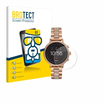 Parte frontale di una confezione del prodotto con il logo del marchio BROTECT. Accanto è raffigurato il dispositivo Fossil Q V