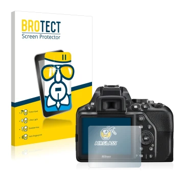 Parte frontale di una confezione del prodotto con il logo del marchio BROTECT. Accanto è raffigurato il dispositivo Nikon D350