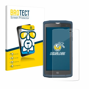 Parte frontale di una confezione del prodotto con il logo del marchio BROTECT. Accanto è raffigurato il dispositivo Crosscall 