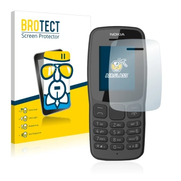 Parte frontale di una confezione del prodotto con il logo del marchio BROTECT. Accanto è raffigurato il dispositivo Nokia 106 