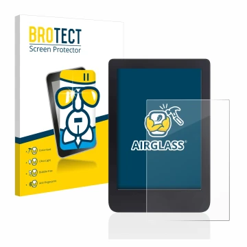 Parte frontale di una confezione del prodotto con il logo del marchio BROTECT. Accanto è raffigurato il dispositivo Tolino Shi