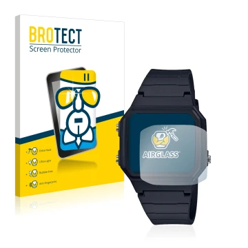 Parte frontale di una confezione del prodotto con il logo del marchio BROTECT. Accanto è raffigurato il dispositivo Casio Unis