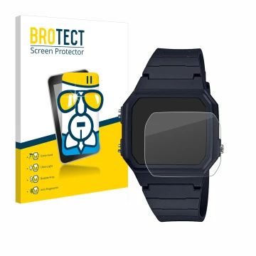 Parte frontale di una confezione del prodotto con il logo del marchio BROTECT. Accanto è raffigurato il dispositivo Casio Unis