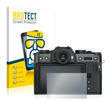 Parte frontale di una confezione del prodotto con il logo del marchio BROTECT. Accanto è raffigurato il dispositivo Fujifilm X