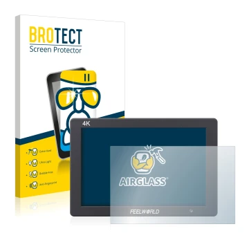 Parte frontale di una confezione del prodotto con il logo del marchio BROTECT. Accanto è raffigurato il dispositivo Feelworld 