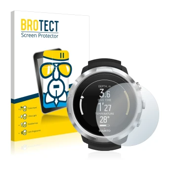 Parte frontale di una confezione del prodotto con il logo del marchio BROTECT. Accanto è raffigurato il dispositivo Suunto D6 