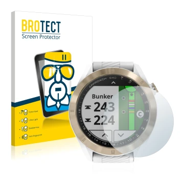 Parte frontale di una confezione del prodotto con il logo del marchio BROTECT. Accanto è raffigurato il dispositivo Garmin App