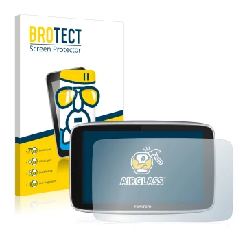 Parte frontale di una confezione del prodotto con il logo del marchio BROTECT. Accanto è raffigurato il dispositivo TomTom GO 