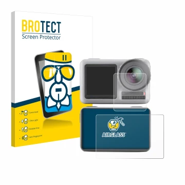 Parte frontale di una confezione del prodotto con il logo del marchio BROTECT. Accanto è raffigurato il dispositivo DJI Osmo A