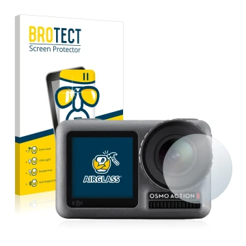 Parte frontale di una confezione del prodotto con il logo del marchio BROTECT. Accanto è raffigurato il dispositivo DJI Osmo A