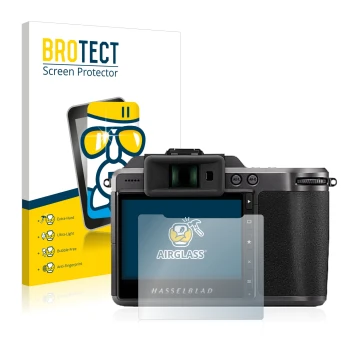 Parte frontale di una confezione del prodotto con il logo del marchio BROTECT. Accanto è raffigurato il dispositivo Hasselblad