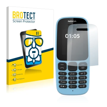 Parte frontale di una confezione del prodotto con il logo del marchio BROTECT. Accanto è raffigurato il dispositivo Nokia 105 