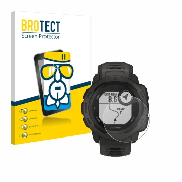 Parte frontale di una confezione del prodotto con il logo del marchio BROTECT. Accanto è raffigurato il dispositivo Garmin Ins
