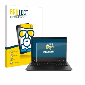 Parte frontale di una confezione del prodotto con il logo del marchio BROTECT. Accanto è raffigurato il dispositivo Lenovo Thi