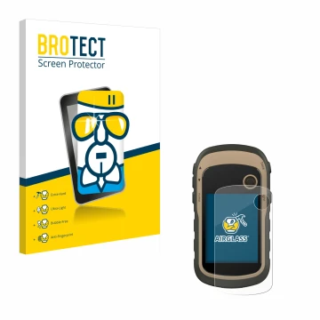 Parte frontale di una confezione del prodotto con il logo del marchio BROTECT. Accanto è raffigurato il dispositivo Garmin eTr