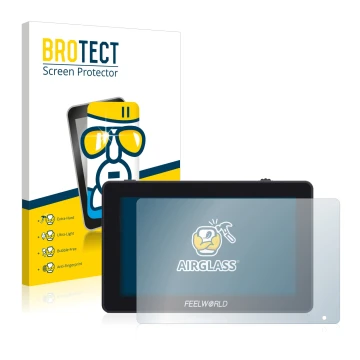 Parte frontale di una confezione del prodotto con il logo del marchio BROTECT. Accanto è raffigurato il dispositivo Feelworld 