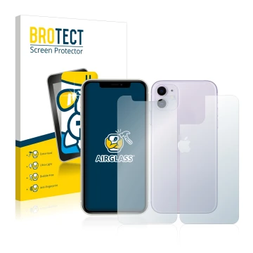 Parte frontale di una confezione del prodotto con il logo del marchio BROTECT. Accanto è raffigurato il dispositivo Apple iPho