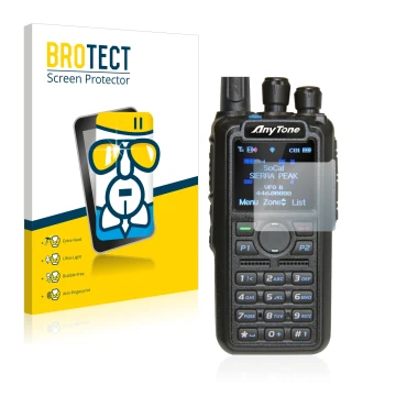 Parte frontale di una confezione del prodotto con il logo del marchio BROTECT. Accanto è raffigurato il dispositivo AnyTone AT