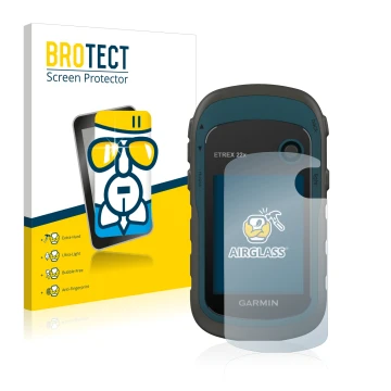 Parte frontale di una confezione del prodotto con il logo del marchio BROTECT. Accanto è raffigurato il dispositivo Garmin eTr