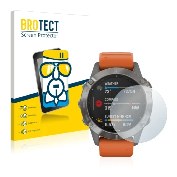 Parte frontale di una confezione del prodotto con il logo del marchio BROTECT. Accanto è raffigurato il dispositivo Garmin Fen
