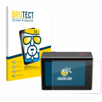 Parte frontale di una confezione del prodotto con il logo del marchio BROTECT. Accanto è raffigurato il dispositivo Akaso V50 