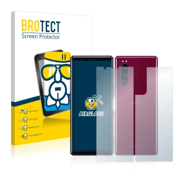 Parte frontale di una confezione del prodotto con il logo del marchio BROTECT. Accanto è raffigurato il dispositivo Sony Xperi