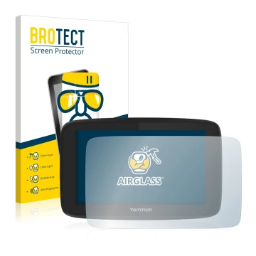 Parte frontale di una confezione del prodotto con il logo del marchio BROTECT. Accanto è raffigurato il dispositivo TomTom Go 