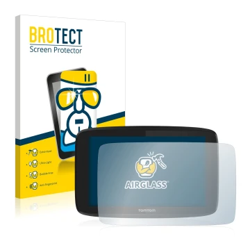 Parte frontale di una confezione del prodotto con il logo del marchio BROTECT. Accanto è raffigurato il dispositivo TomTom Go 
