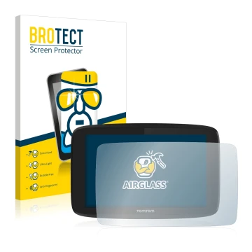 Parte frontale di una confezione del prodotto con il logo del marchio BROTECT. Accanto è raffigurato il dispositivo TomTom Go 