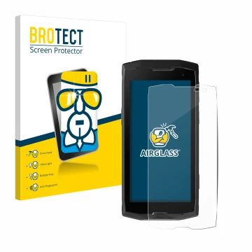 Parte frontale di una confezione del prodotto con il logo del marchio BROTECT. Accanto è raffigurato il dispositivo Crosscall 