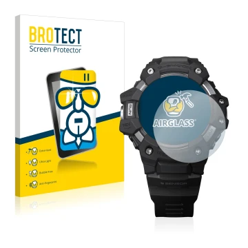 Parte frontale di una confezione del prodotto con il logo del marchio BROTECT. Accanto è raffigurato il dispositivo Casio G-Sh