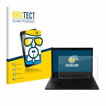 Parte frontale di una confezione del prodotto con il logo del marchio BROTECT. Accanto è raffigurato il dispositivo Lenovo Thi