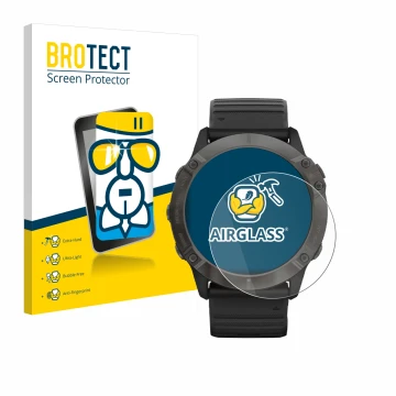 Parte frontale di una confezione del prodotto con il logo del marchio BROTECT. Accanto è raffigurato il dispositivo Garmin Fen
