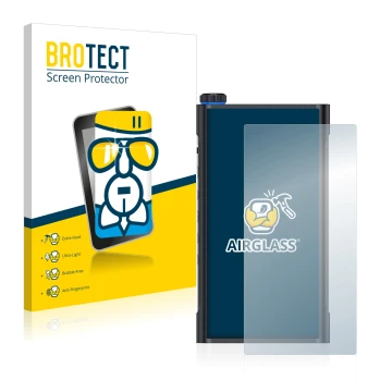 Parte frontale di una confezione del prodotto con il logo del marchio BROTECT. Accanto è raffigurato il dispositivo FiiO M15 c