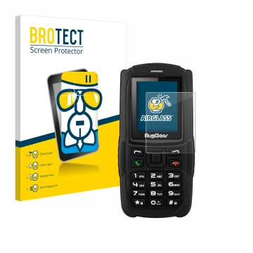 Parte frontale di una confezione del prodotto con il logo del marchio BROTECT. Accanto è raffigurato il dispositivo RugGear RG